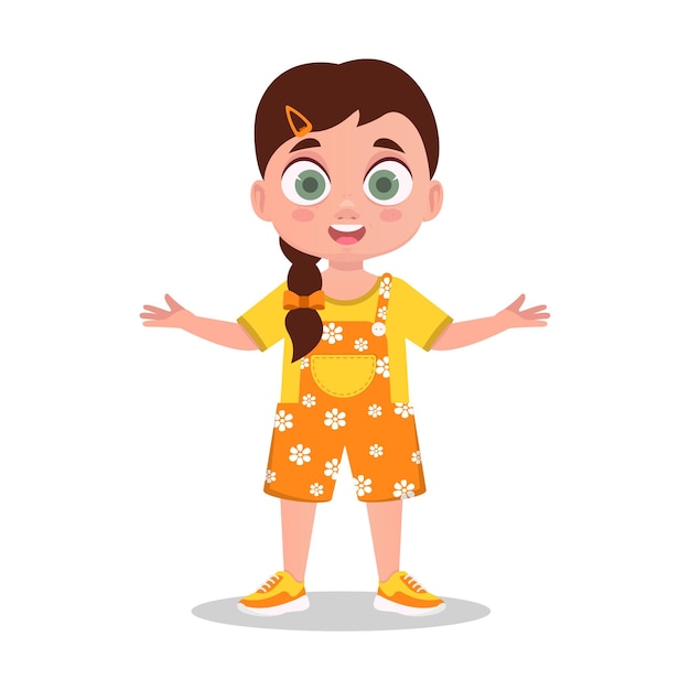 Cute little girl in a yellow dress, the girl is surprised. Vector illustration