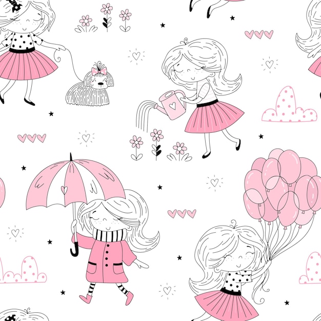 Cute little girls vector seamless pattern illustration