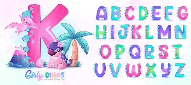 Cute little girly dinosaur with alphabet watercolor illustration