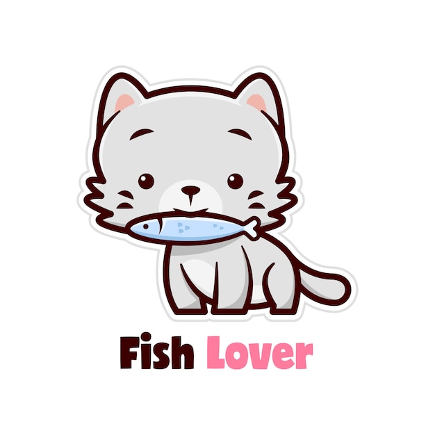 CUTE LITTLE GREY CAT EATING A FISH