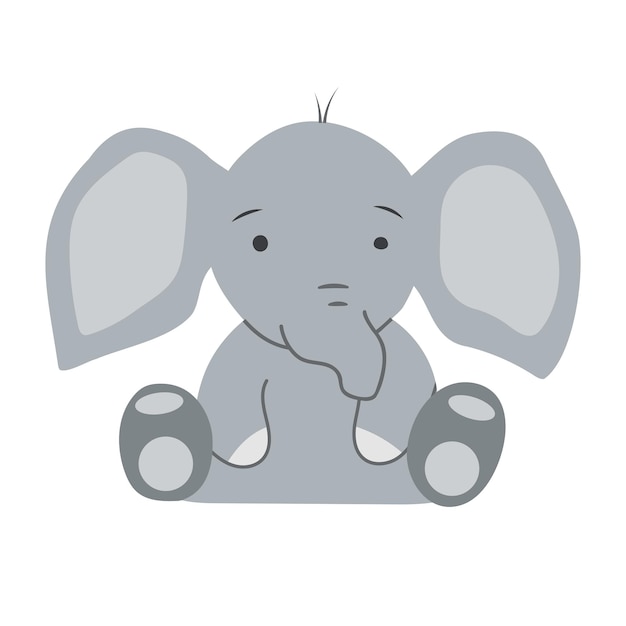 Cute little handdrawn elephant in a childish flat cartoon style Baby illustration of a sitting elephant Vector graphic of animal with trunk isolated on white background