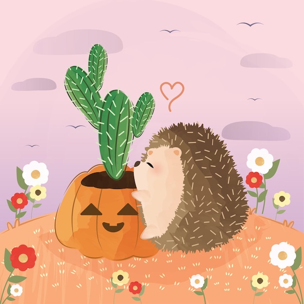 cute little hedgehog with cactus