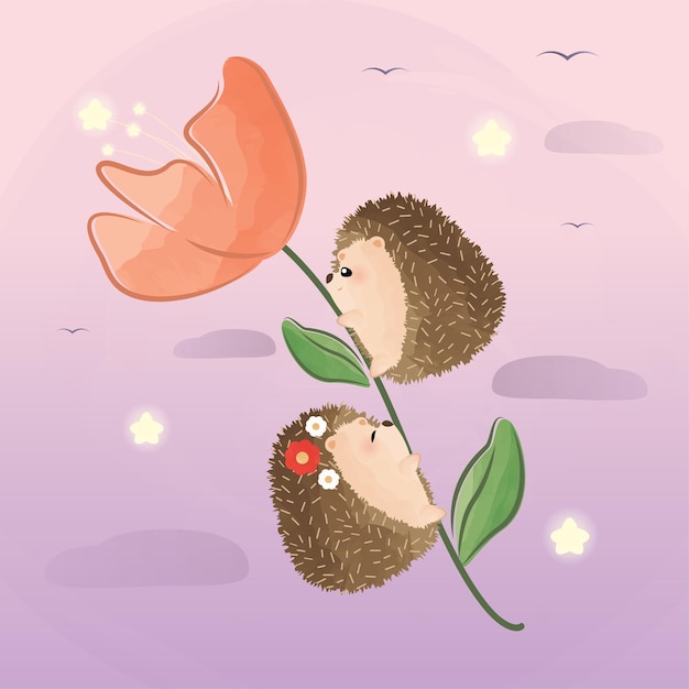 cute little hedgehogs flying on a flower