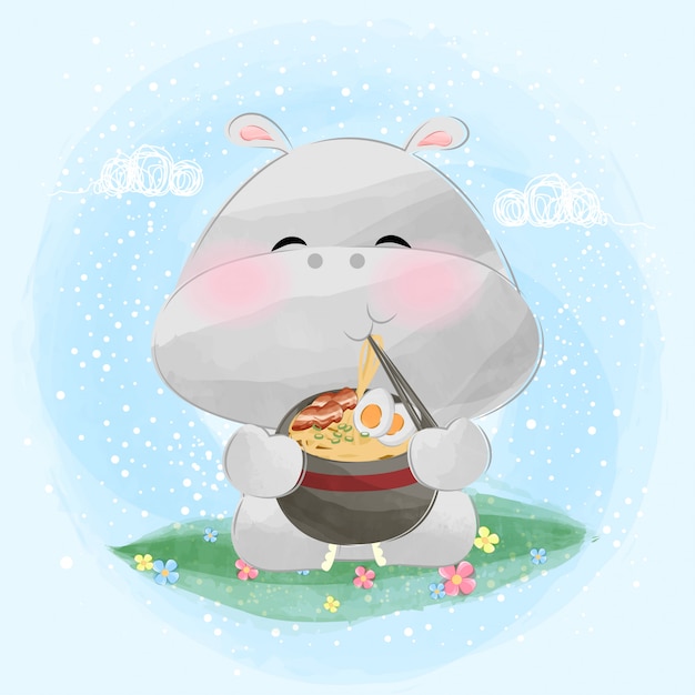 cute little hippo eat ramen noodle