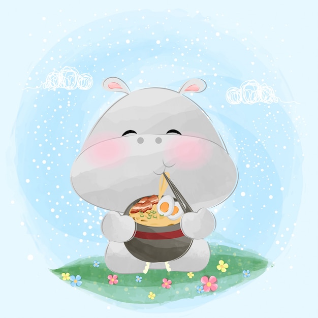 Cute little hippo eating ramen noodle illustration