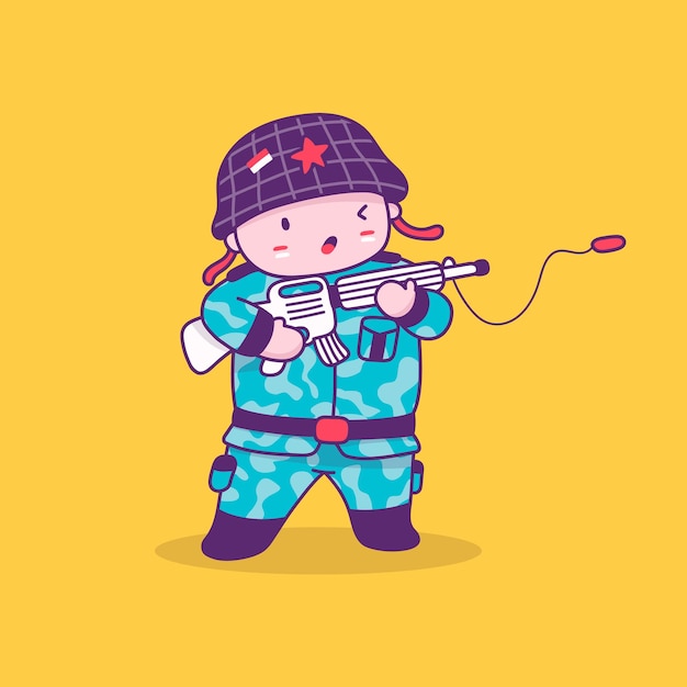 Cute little Indonesian soldier with toy gun in cartoon style