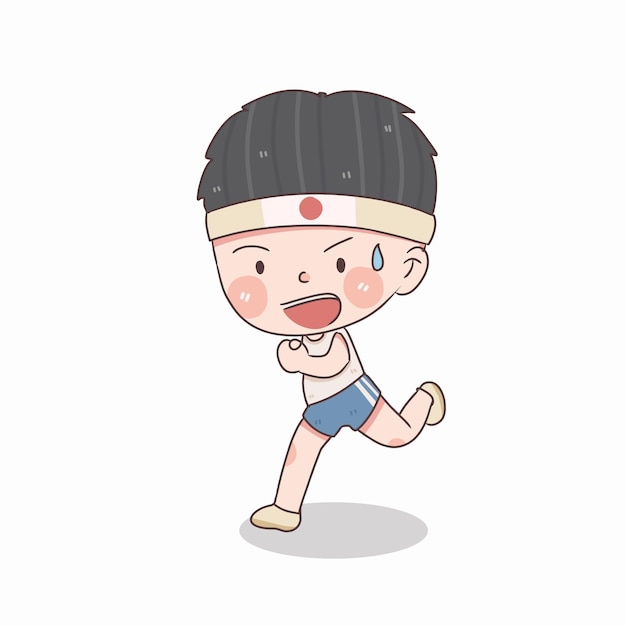 Cute little Japanese boy sport runner student run vector and illustration