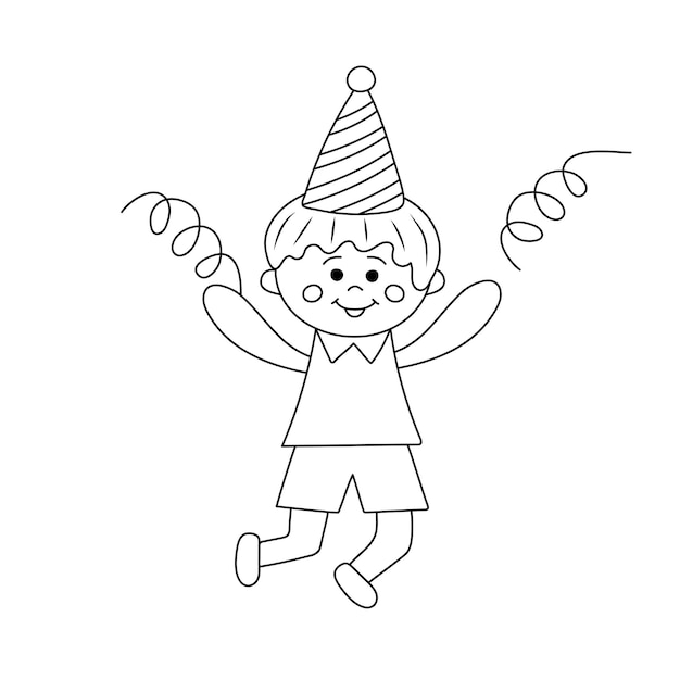 Cute little kawaii boy with party hat and confetti in doodle Hand drawn line art for coloring book