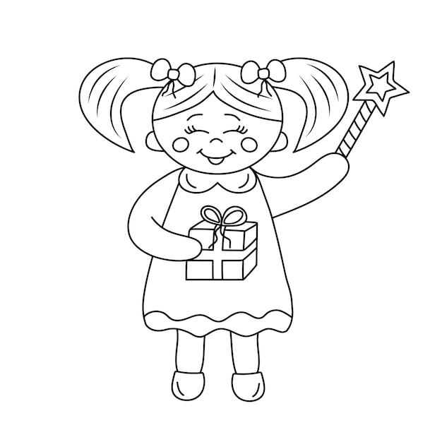 Cute little kawaii girl with gift box and magic wand in doodle Hand drawn line art for coloring book