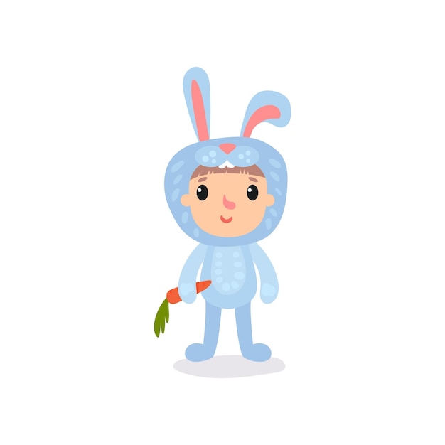 Cute little kid in blue bunny costume standing with carrot in hand Cartoon boy or girl character dressed in animal jumpsuit for party Flat vector illustration for invitation card banner or poster