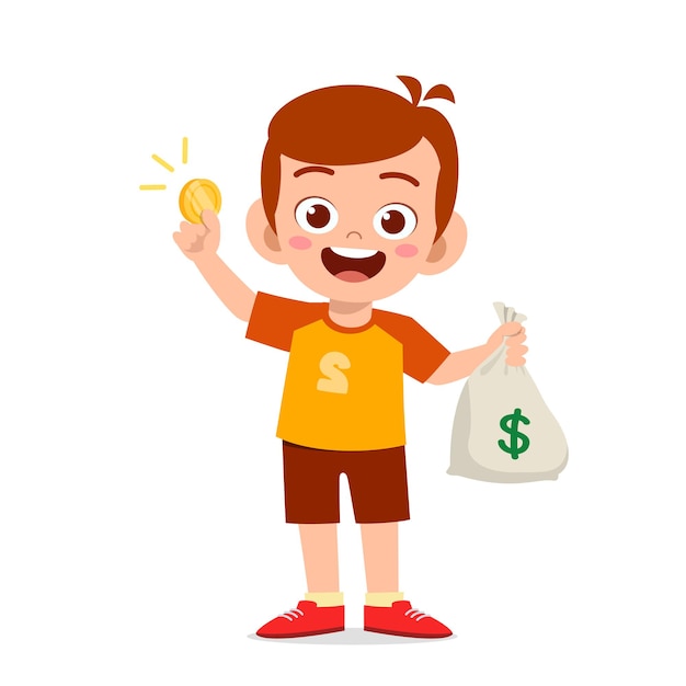 Cute little kid boy carry bag of cash and coin