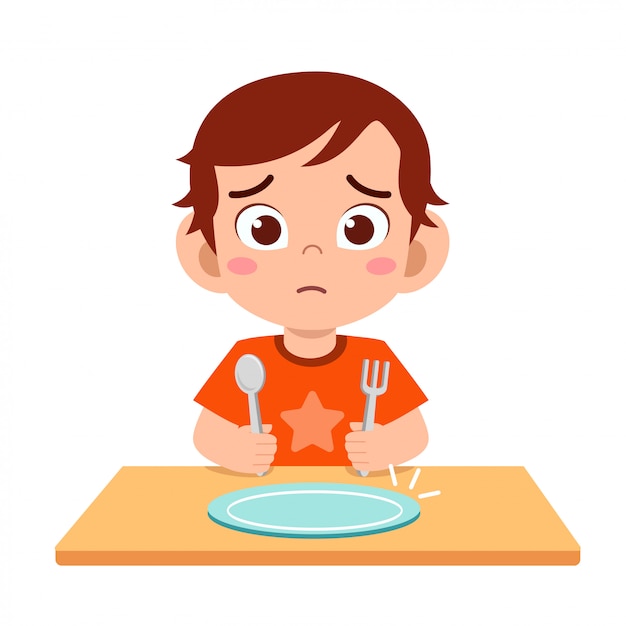 Cute little kid boy feel hungry want to eat