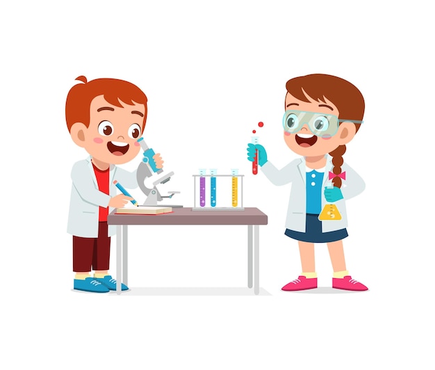 Cute little kid boy and girl do research in the lab