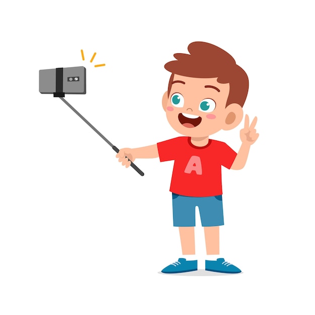 Cute little kid boy pose and selfie in front of camera