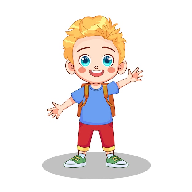 Cute little kid boy with backpack vector illustration. The kid boy goes to school.