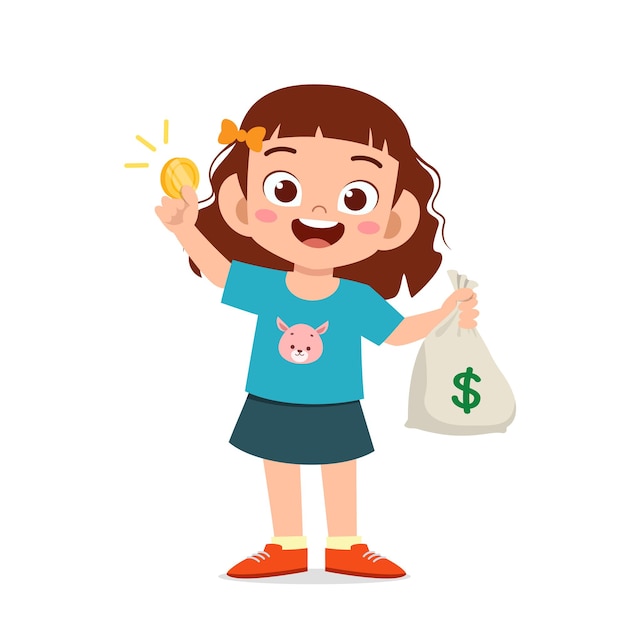 Cute little kid girl carry bag of cash and coin illustration