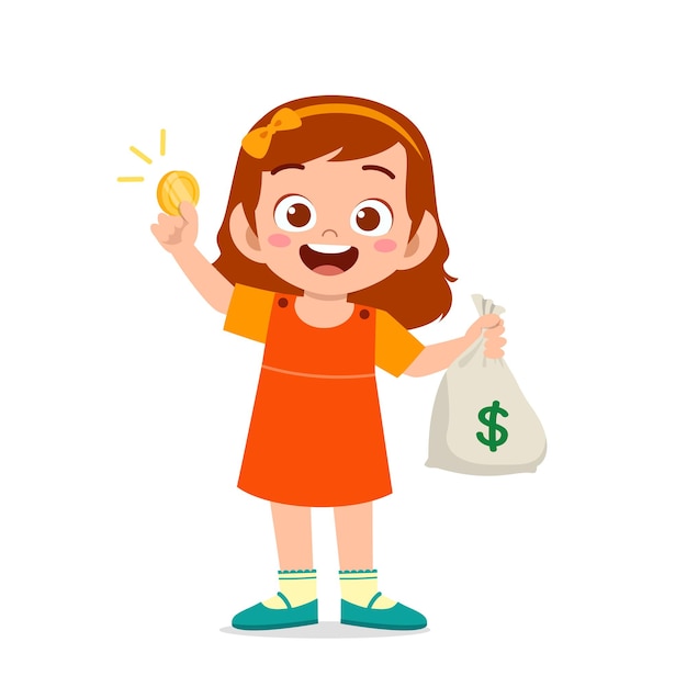 Cute little kid girl carry bag of cash and coin