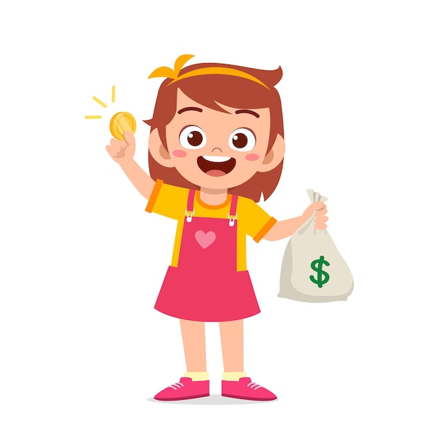 Cute little kid girl carry bag of cash and coin