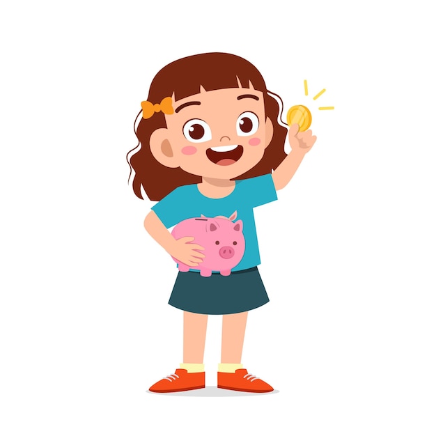 Cute little kid girl carry piggy bank and golden coin