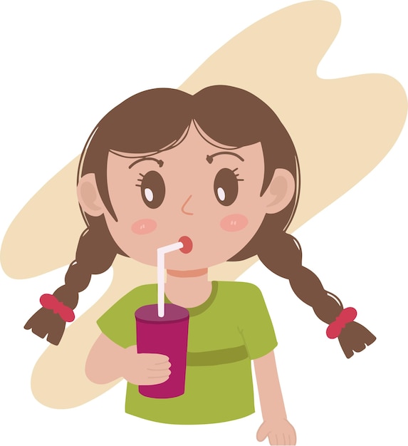 Cute little kid girl drinking water from tumblr and straw enjoy her drink illustration