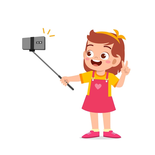 Cute little kid girl pose and selfie in front of smartphone illustration