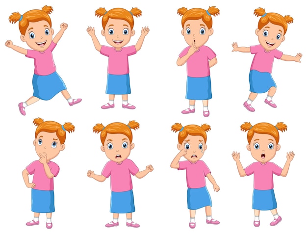 Cute little kid girl in various expressions and gesture set