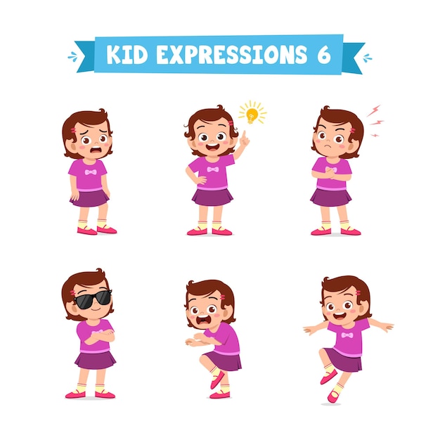 Cute little kid girl in various expressions and gesture set