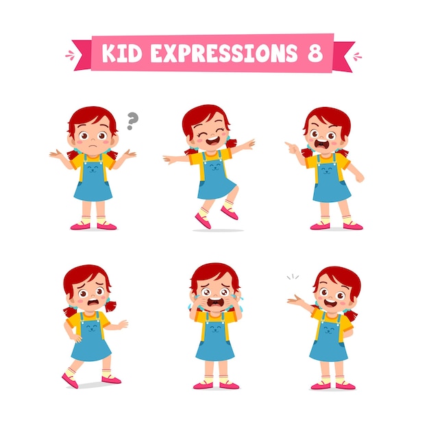 Cute little kid girl in various expressions and gesture set