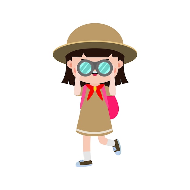 Cute little kid holding binoculars boy scout or girl scout honor uniform kids summer camp