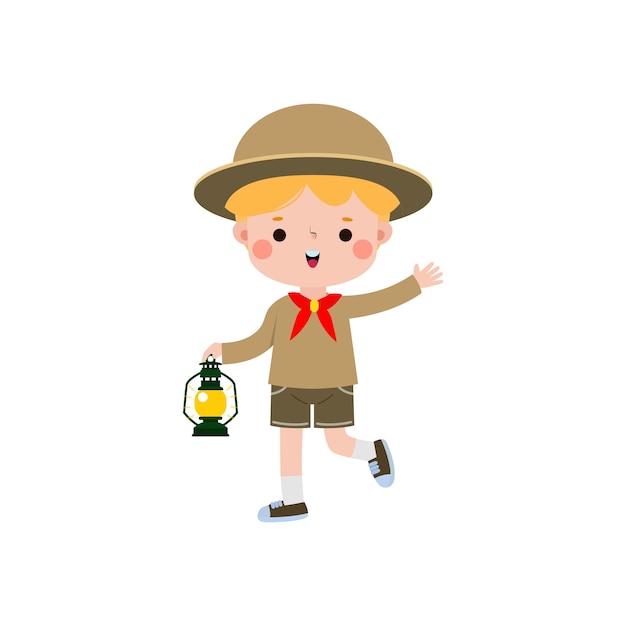 Cute little kid holding lamp boy scout or girl scout honor uniform kids summer camp