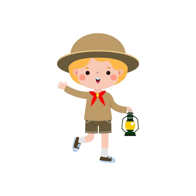 Cute little kid holding lamp boy scout or girl scout honor uniform kids summer camp