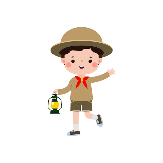 Cute little kid holding lamp boy scout or girl scout honor uniform kids summer camp