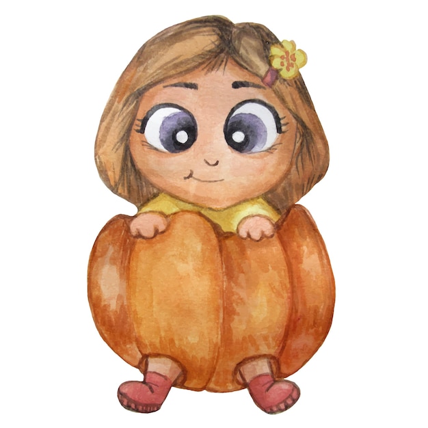 Cute little kid who is sitting in pumpkin Girl celebrates Halloween Watercolor