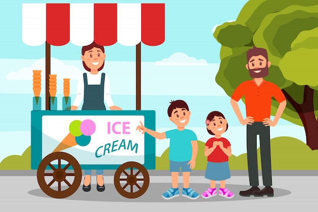 Cute little kids asking his father to buy ice cream. Dad spending time with his daughter and son in city park. Flat   design