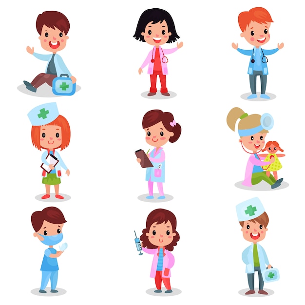 Cute little kids playing doctor set, boys and girls in professional clothing examining and treating their patients   illustrations