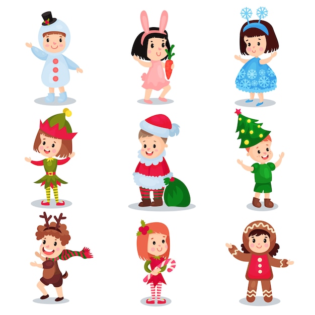 Cute little kids wearing Christmas costumes set, happy children in costumes of Elf, snowman, reindeer, Santa Claus, Christmas tree, snowflake, gingerbread, bunny cartoon   illustrations