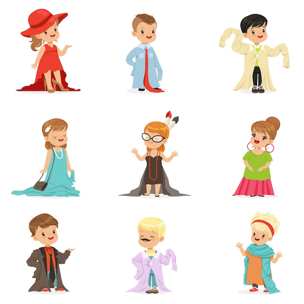 Cute little kids wearing elegant adult oversized clothes set, children pretending to be adults  Illustrations