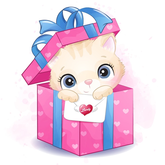 Cute little kitty sitting inside gift box illustration