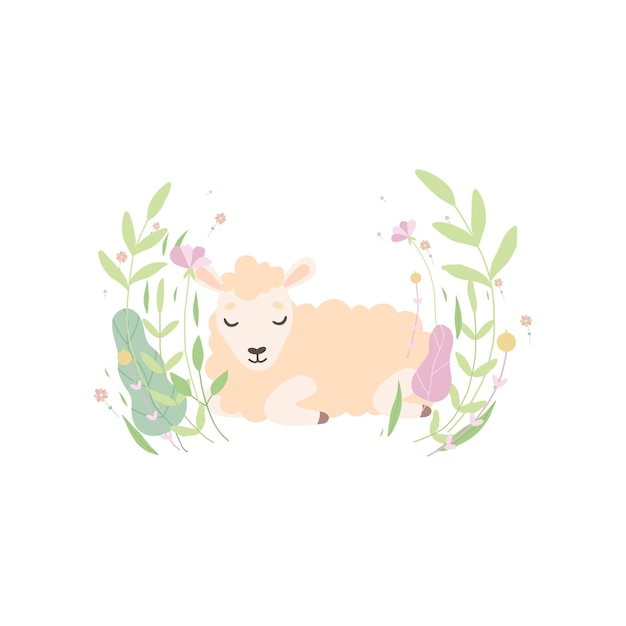 Cute Little Lamb Adorable Sheep Animal Lying on Spring Meadow Vector Illustration on White Background