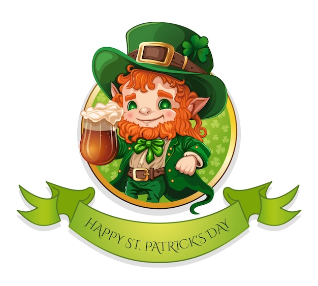 Cute little leprechaun raises a mug of foamy beer in honor of St Patricks Day