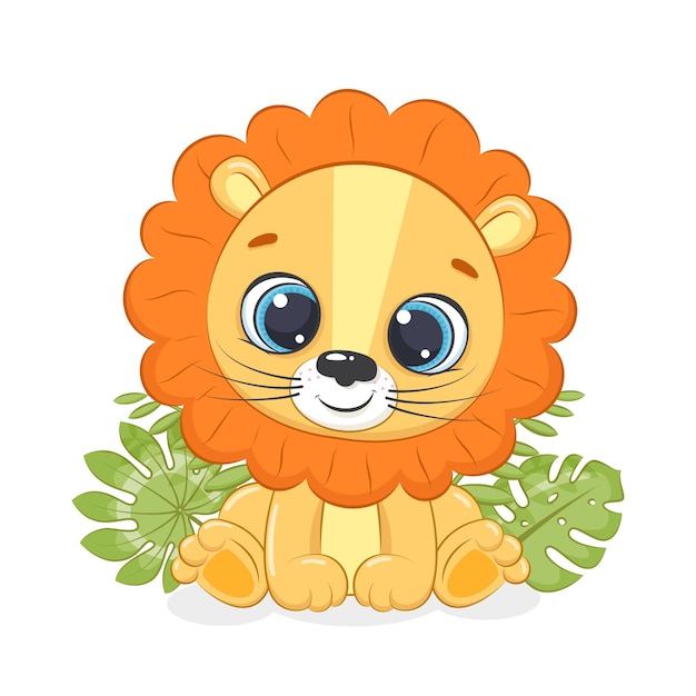 Cute little lion is sitting in front of tropical foliage