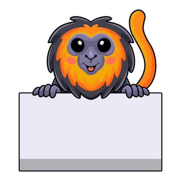 Cute little lion monkey cartoon with blank sign