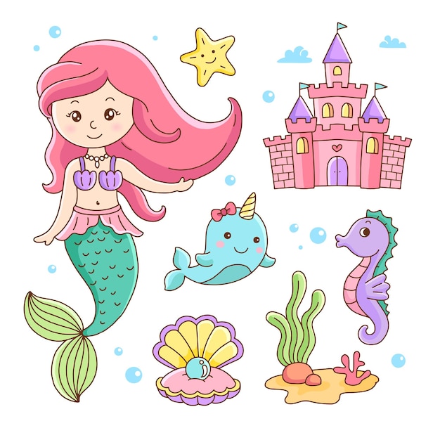 Cute little mermaid narwhal seahorse shell castle and marine sea life cartoon