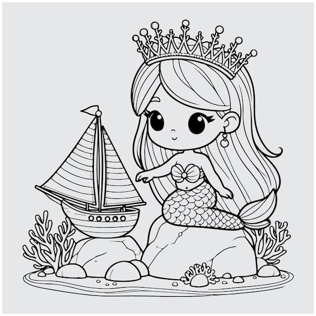 Cute little mermaid prince in a crown of coral sits on a stone and examines a toy sailboat outlined