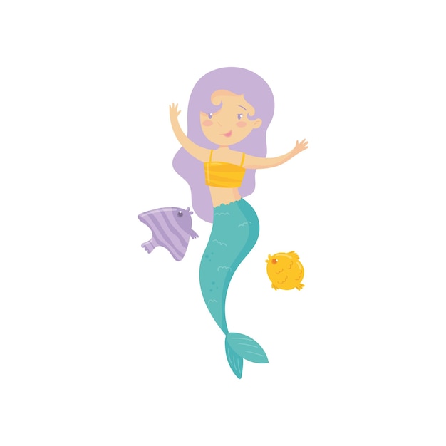 Cute little mermaid swimming with marine creatures Girl with purple hair and fish tail Fantastic underwater life Flat vector design for children book or postcard