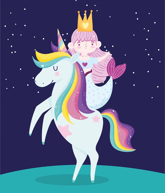 Cute little mermaid on unicorn with rainbow hair