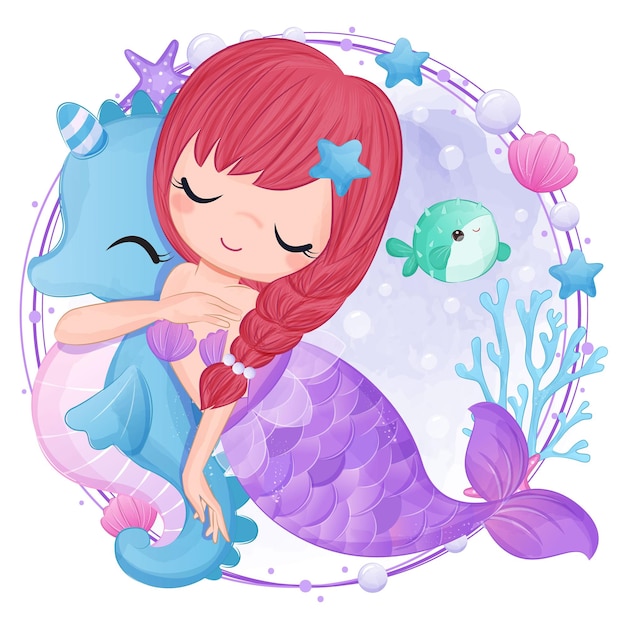 Cute little mermaid in watercolor illustration