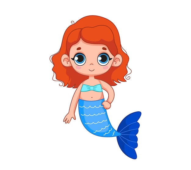 Cute little mermaid with short red hair and blue tail Vector illustration character in cartoon style