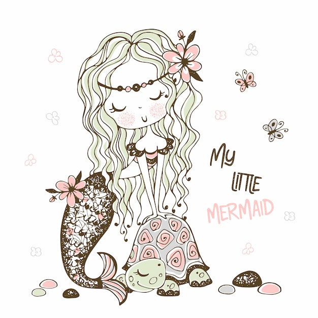 A cute little mermaid with a turtle. Doodle style.