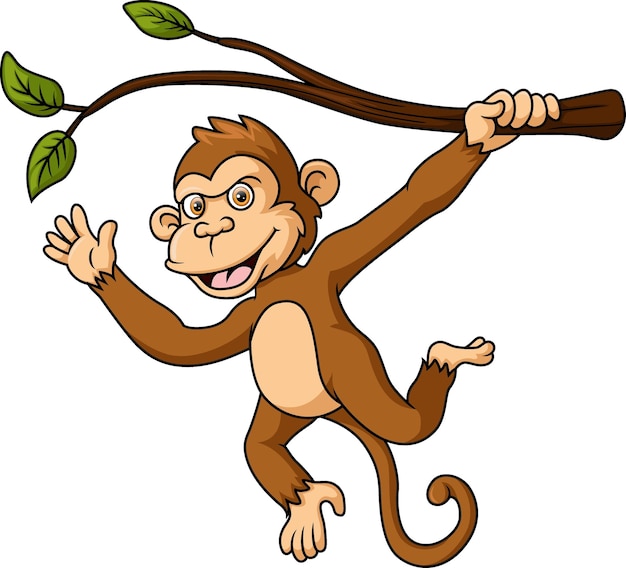 Cute little monkey cartoon hanging on tree branch